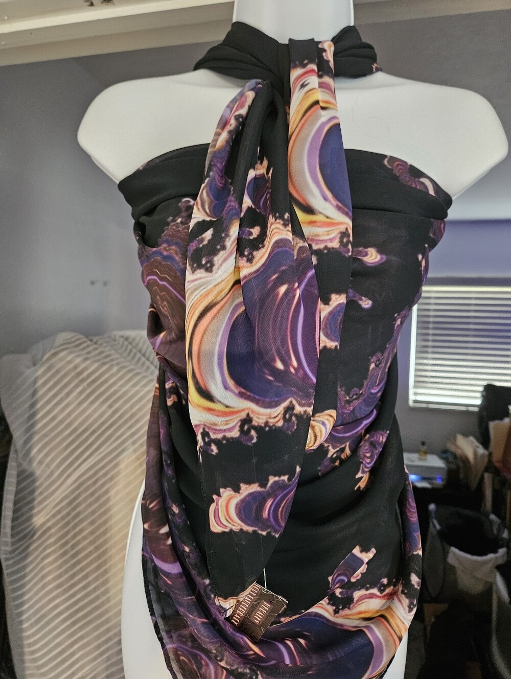 Scarf Large Chiffon Abstract Fractals Black Purple 55"×55"
